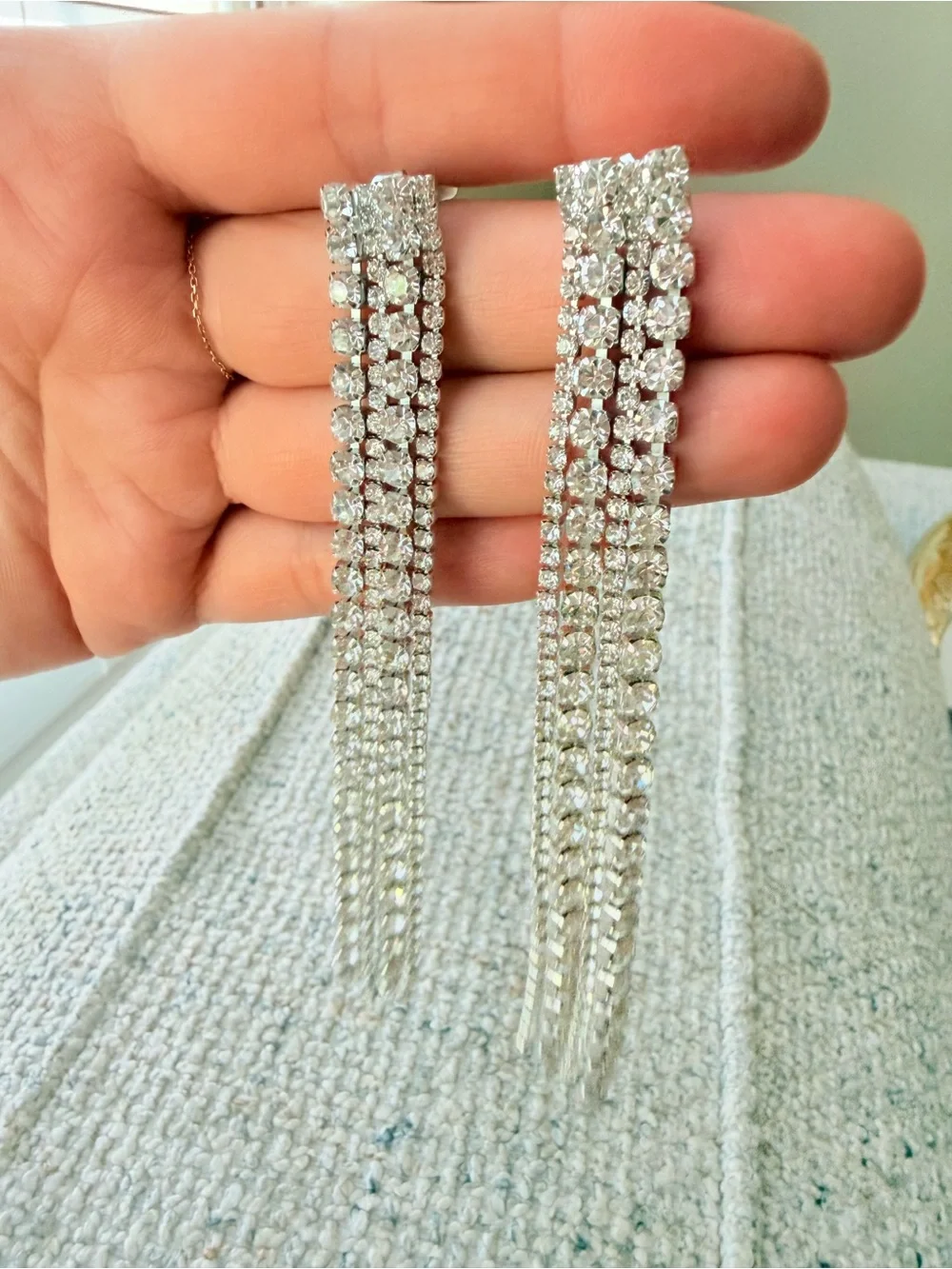 Silver Rhinestone Tassel Drop Earrings - Women Jewelry